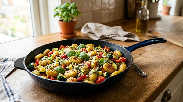 Gebratene Gnocchi mit bunter Paprika, Zucchini und Pesto in einer modernen Bratpfanne.