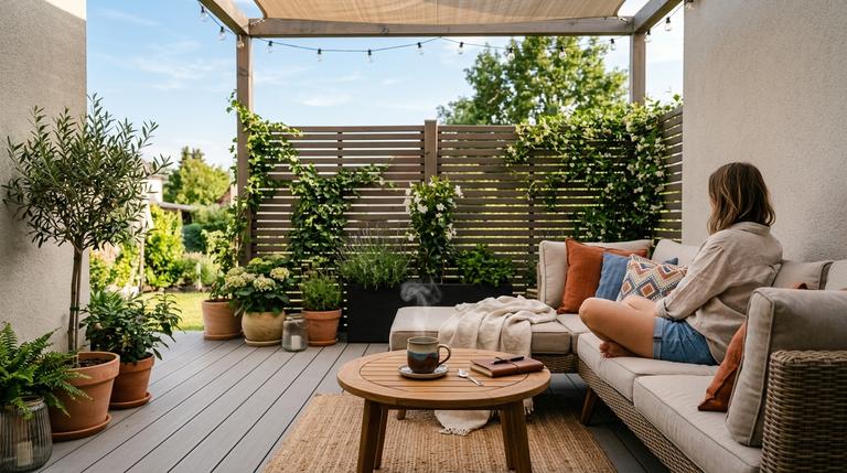 Eine modern gestaltete Terrasse im Sommer mit gemütlichen Loungemöbeln und einem stilvollen Sichtschutz für mehr Privatsphäre.