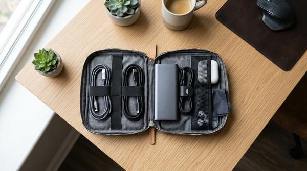 Eine geöffnete Kabeltasche mit ordentlich aufgerollten Ladekabeln und einer Powerbank.