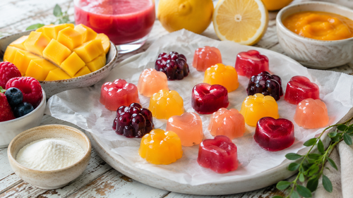 Vegane Gummibärchen mit Agar Agar, Mango, Beeren und Zitrone