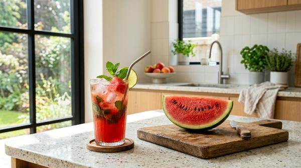 Ein Glas mit einem roten Wassermelonen-Minz-Mocktail und Eiswürfeln steht neben einem Stück frischer Wassermelone auf einem Holzbrett.