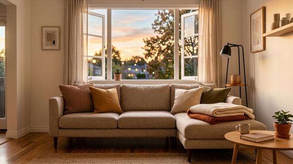 Ein gemütliches Sofa mit ordentlichen Kissen vor einem geöffneten Fenster.