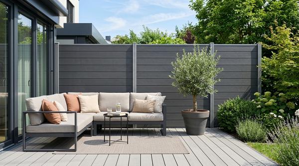 Ein pflegeleichter und moderner Sichtschutz aus WPC in Anthrazit auf einer gemütlichen Terrasse.