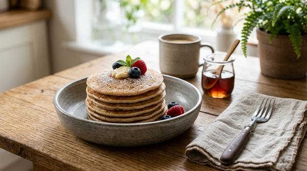 Eine Stapel kleiner, runder Dinkel-Pancakes liegt fertig verpackt in einer flachen Aufbewahrungsdose.