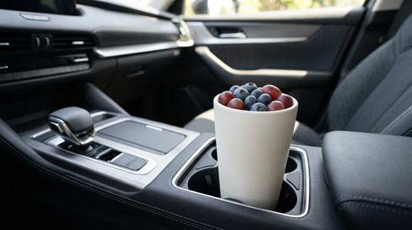 Ein schicker Thermobecher gefüllt mit frischen Heidelbeeren und Weintrauben steht einsatzbereit im Getränkehalter eines Autos.