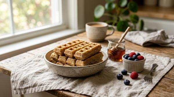 Selbstgebackene, goldbraune Bananen-Haferflocken-Waffeln, in saubere Streifen geschnitten, liegen auf einem hellen Leinentuch.