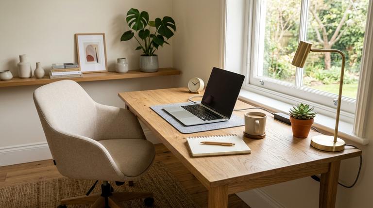 Ein aufgeräumter, gemütlicher Arbeitsplatz mit einem Holztisch und einem hellen, ergonomischen Bürostuhl im hellen Tageslicht.