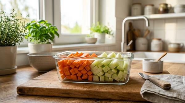 Trockene, perfekt geschnittene Karotten- und Kohlrabisticks liegen ordentlich geschichtet in einem Glasbehälter.