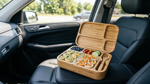 Eine geöffnete Lunchbox auf dem Beifahrersitz eines Autos, gefüllt mit sauber gerollten Mini-Wrap-Häppchen.