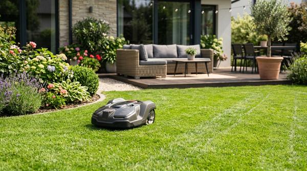 Ein smarter Mähroboter fährt über einen saftig grünen, gepflegten Rasen.