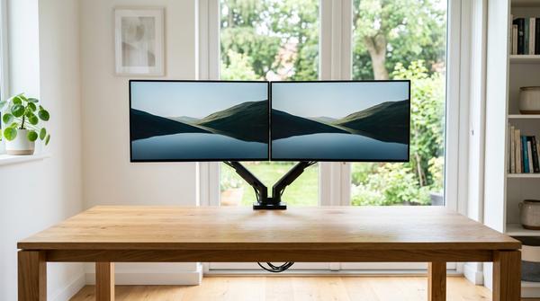 Zwei Computermonitore sind an einer Halterung befestigt und schweben über einem komplett freien, aufgeräumten Holzschreibtisch.