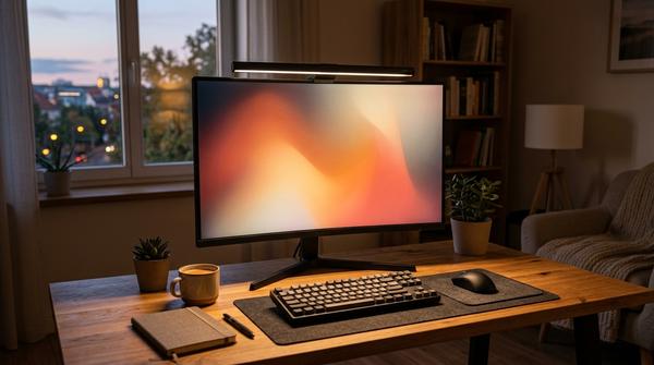 Eine schmale LED-Lampe ist auf einem Monitor befestigt und taucht die Tastatur auf dem Holztisch in ein warmes, gemütliches Licht.