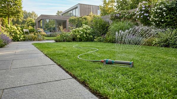 Ein moderner Viereckregner bewässert präzise den Rasen, während die direkt angrenzenden Terrassensteine völlig trocken bleiben.