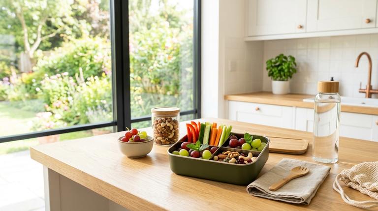 Eine strukturierte Bento-Box wird in einer hellen, modernen Küche mit gesunden, krümelfreien Snacks für die Urlaubsfahrt befüllt.