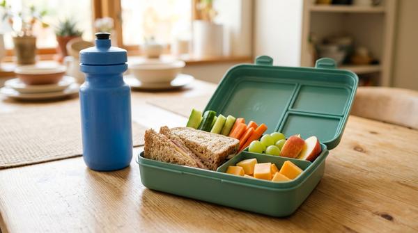 Kinder-Brotdose mit Brot, Obst, Gemüsesticks, Käsewürfeln und Trinkflasche für einen entspannten Schulstart.
