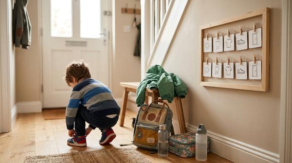 Kind bereitet sich morgens für die Schule vor mit Schultasche, Schuhen, Brotdose und sichtbarer Routine.