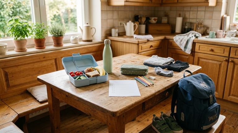 Vorbereiteter Küchentisch zum Schulstart ohne Stress mit Brotdose, Trinkflasche, Schultasche, Kinderkleidung und leerer Checkliste.