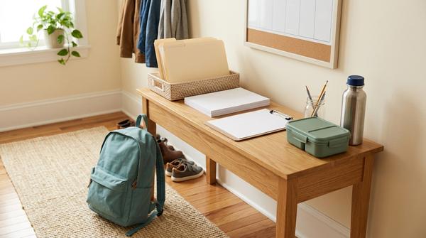 Schultasche mit leerer Elternmappe, Dokumentenablage, Brotdose und Trinkflasche als Organisation für den Schulstart.