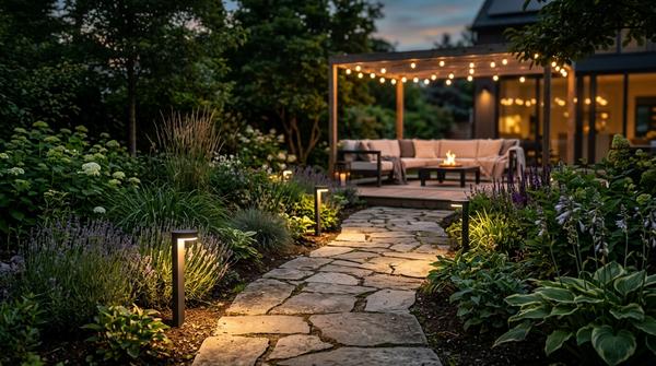 Gemütliche, warmweiße Gartenleuchten erhellen am frühen Abend einen Weg und die angrenzenden Beete vor einer modernen Lounge.