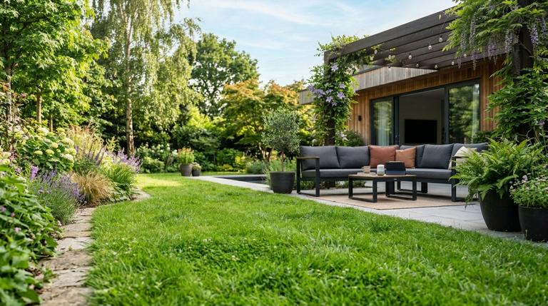Ein gepflegter, grüner Rasen mit einer modernen, entspannten Outdoor-Lounge im Hintergrund an einem warmen Sommertag.