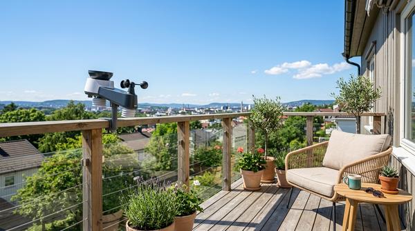 Eine kompakte, moderne Wetterstation ist draußen an einem Pfosten vor strahlend blauem Himmel befestigt.