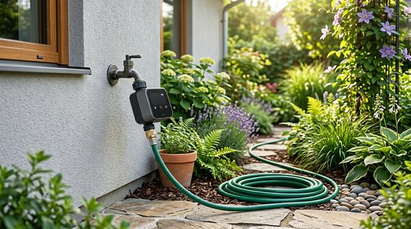 Ein moderner, smarter Bewässerungscomputer ist an einen Außenwasserhahn angeschlossen, an dem ein Gartenschlauch befestigt ist.
