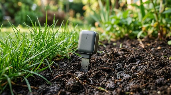 Ein kleiner, unauffälliger Bodenfeuchtesensor steckt neben grünen Grashalmen in der feuchten Gartenerde.