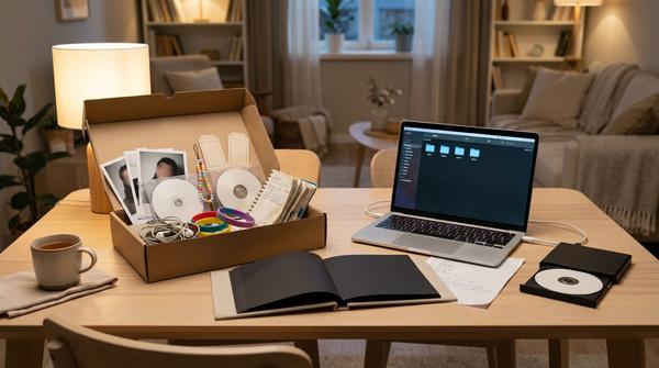 Gemütliche Erinnerungsbox mit alten Fotos, gebrannten CDs, Schülerkalender, Handy-Anhänger und persönlichem Fotoalbum.