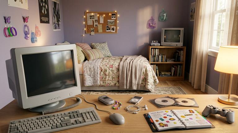 Gemütliches Jugendzimmer im Stil der 2000er-Jahre mit Röhrenmonitor, Klapphandy, MP3-Player, CDs und Spielkonsole.