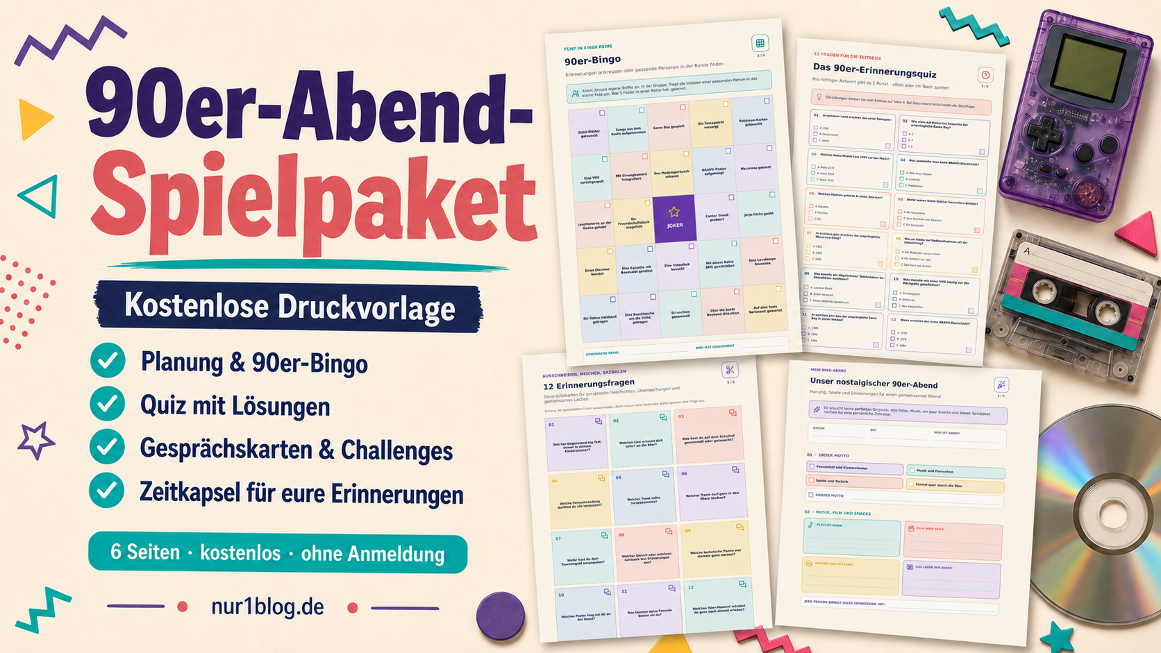 Vorschau des kostenlosen 90er-Abend-Spielpakets mit Bingo, Quiz, Gesprächskarten und Planung
