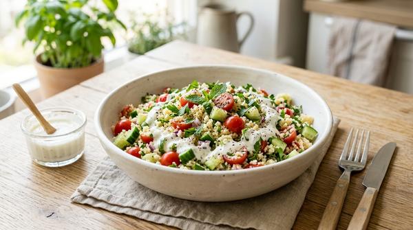 Frischer Couscous-Salat mit Gurke, Tomate, Kräutern und Joghurt-Dressing in einer hellen Schüssel.
