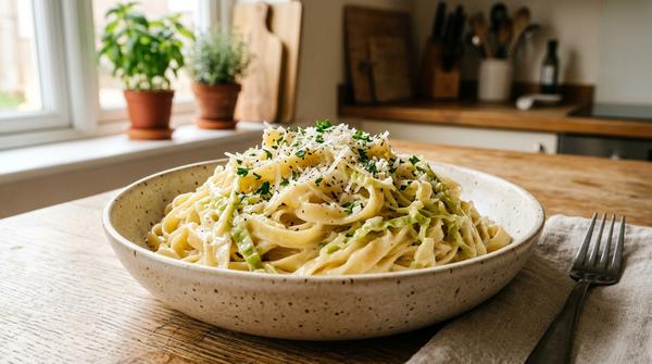Cremige Nudeln mit fein geschnittenem Kohl und Käse als günstiges Kohlgericht.