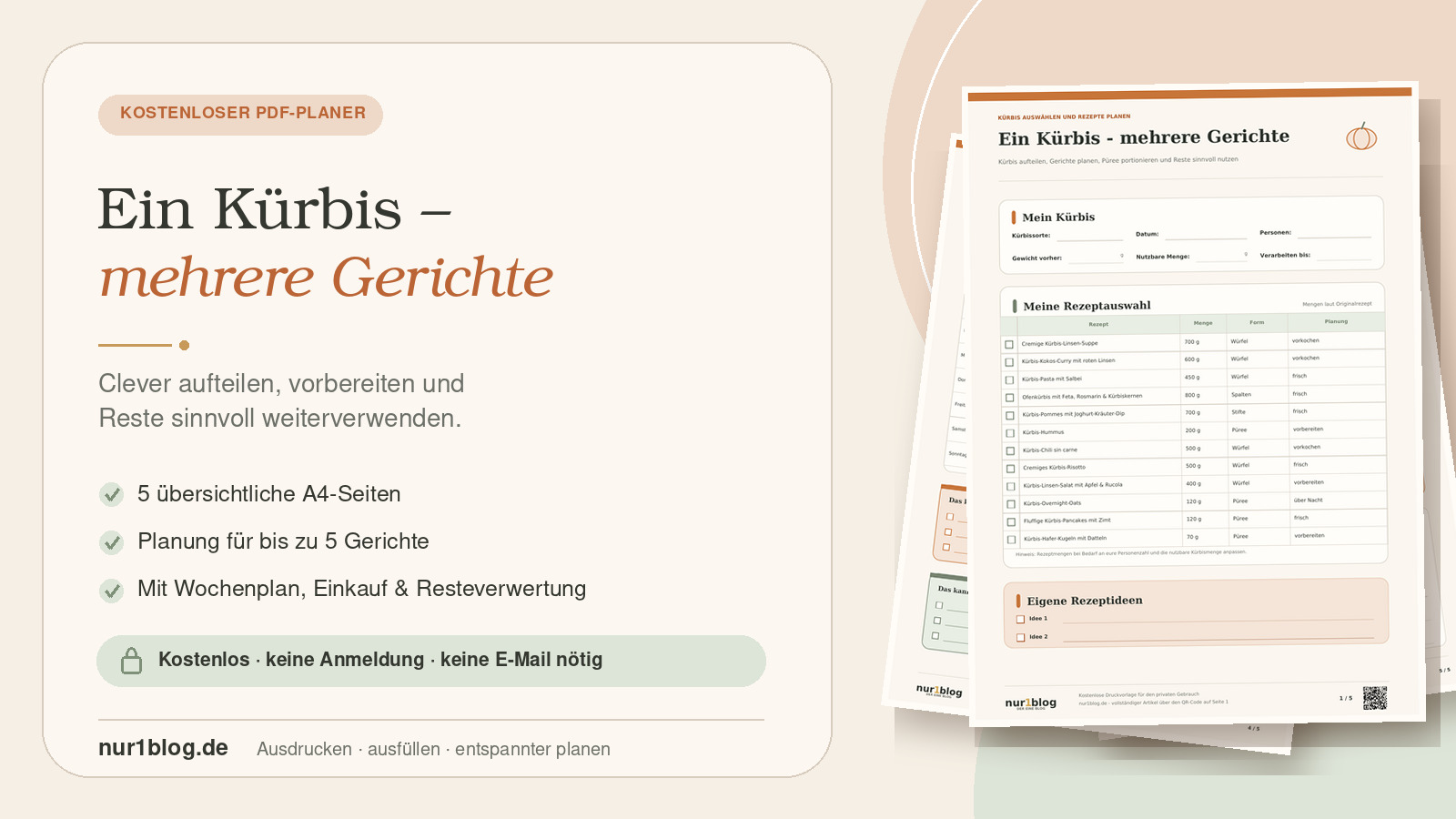 Vorschau des kostenlosen fünfseitigen Planers Ein Kürbis – mehrere Gerichte mit Wochenplan und Einkaufsliste