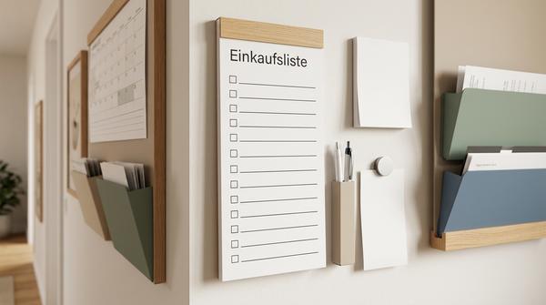 Praktische Einkaufsliste mit Schreiblinien, kleinem Notizblock und Stiftehalter an einer Familien-Kommandozentrale.