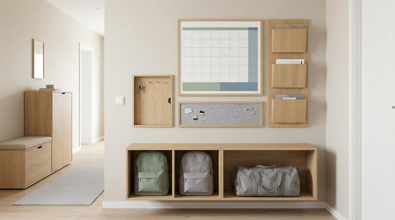 Moderne Familien-Kommandozentrale mit Kalender, Papierfächern, Schlüsselablage und festen Plätzen für Schulranzen.
