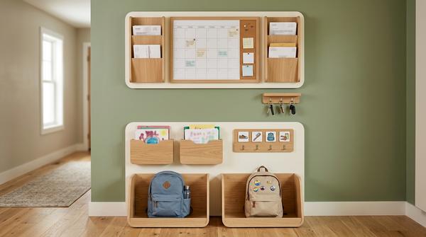 Familien-Kommandozentrale mit Kalender und Schlüsseln oben sowie Schulranzen und Kinderfächern in erreichbarer Höhe.