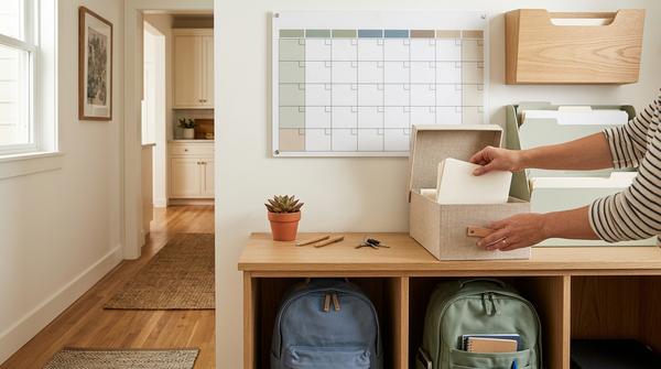 Aufgeräumte Familien-Kommandozentrale mit geleerten Papierfächern, aktualisiertem Kalender und vorbereiteten Taschen.