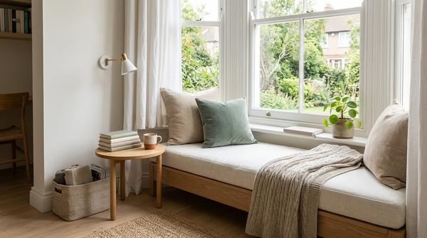 Gemütlicher Leseplatz am Fenster mit schmaler Sitzbank oder kleinem Sessel, Kissen und Lampe.