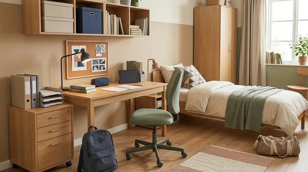 Zeitloser Lernplatz eines älteren Schulkindes mit verstellbarem Stuhl, Rollcontainer, Schulbüchern und digitalem Gerät.