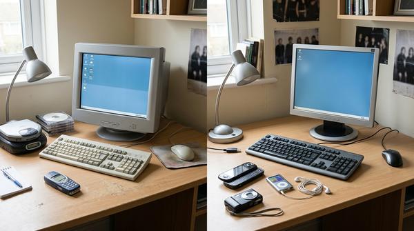 Realistische Gegenüberstellung früher und später 2000er-Jahre mit Röhrenmonitor, einfachem Handy, Flachbildschirm, MP3-Player und Digitalkamera.
