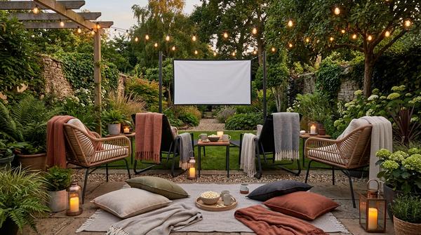 Gemütliche moderne Sitzgruppe mit Outdoor-Kissen, Decken und Liegestühlen vor einer Leinwand im Garten.