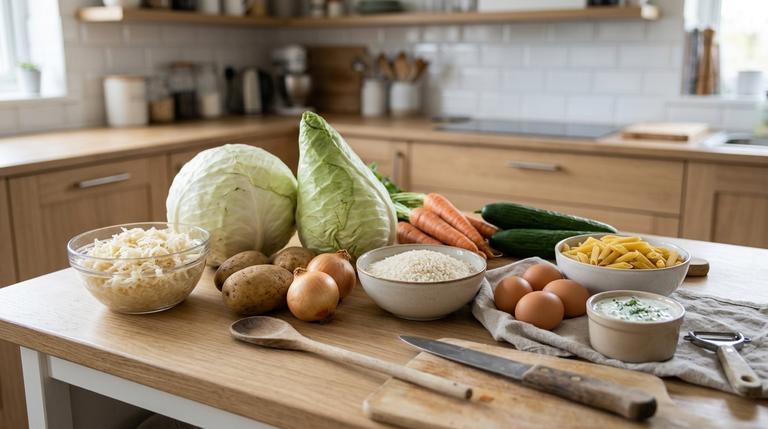 Küchenarbeitsfläche mit Weißkohl, Spitzkohl, Sauerkraut, Kartoffeln, Nudeln, Reis und einfachen Zutaten für günstige Kohl-Rezepte.