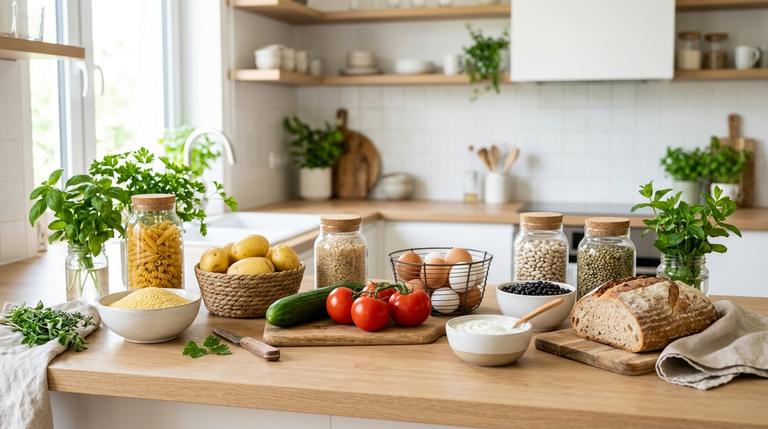 Helle Küchenarbeitsfläche mit einfachen Zutaten für günstige Sommergerichte wie Couscous, Nudeln, Kartoffeln, Reis, Gurke, Tomaten, Eier und Joghurt.