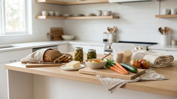 Günstige Picknickvorbereitung in moderner heller Küche mit Brot, Gurke, Möhren, Käse, Dip, Vorratsgläsern und wiederverwendbaren Boxen.