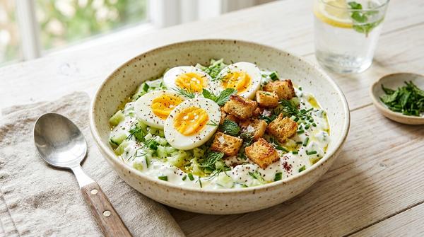 Gurken-Joghurt-Bowl mit gekochtem Ei, knusprigen Brotchips und Kräutern als kühles Sommergericht.