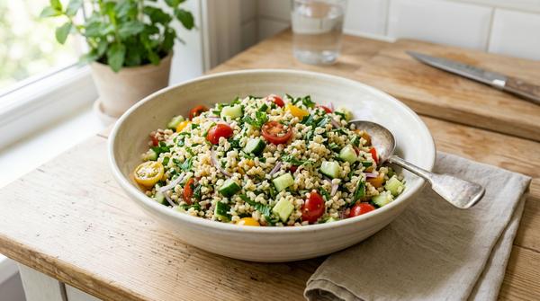 Bulgur-Salat mit Gurke, Tomate, Kräutern und einfachem Dressing für heiße Tage.