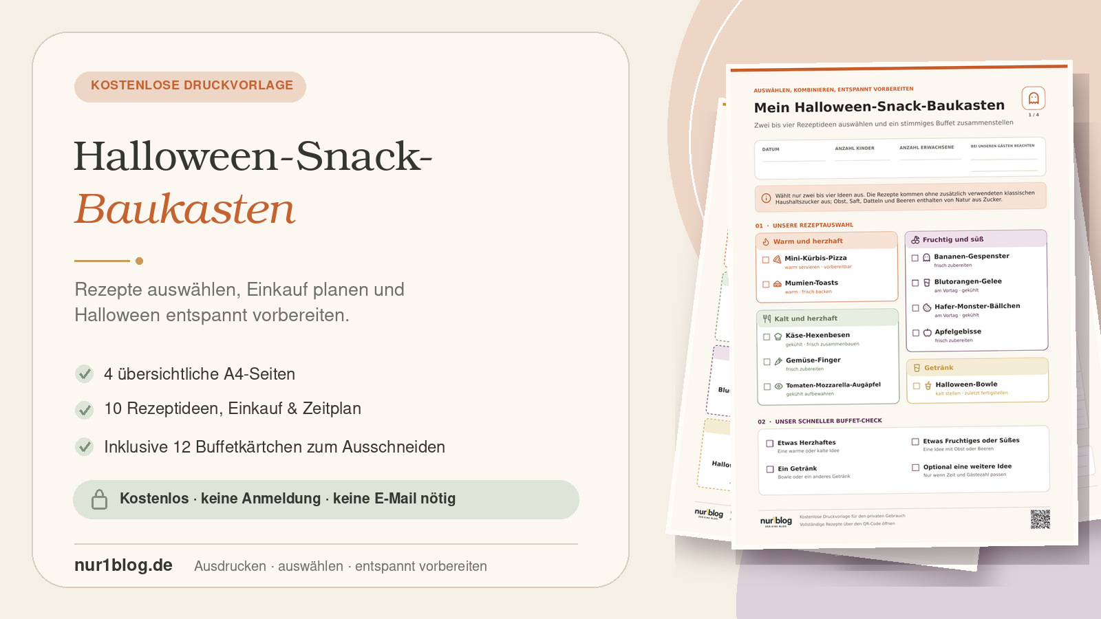 Vorschaubild des kostenlosen Halloween-Snack-Baukastens mit Einkaufsliste, Zeitplan und Buffetkärtchen