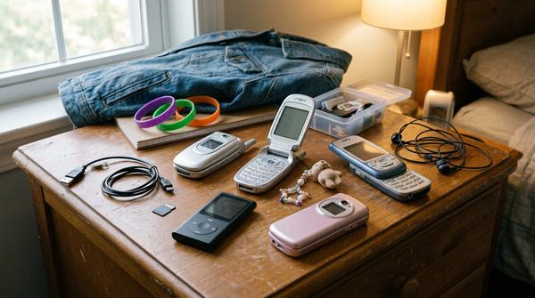 Klapphandy, Schiebehandy, MP3-Player, Fotohandy und Handy-Anhänger auf einem Jugendzimmer-Schreibtisch.