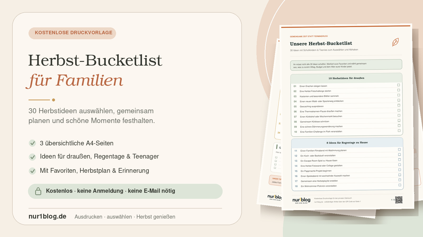 Vorschau der kostenlosen Herbst-Bucketlist für Familien mit 30 Ideen und persönlichem Familienplan