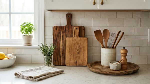 Küchenarbeitsfläche mit schönen Holzschneidebrettern und warmen Holzaccessoires.